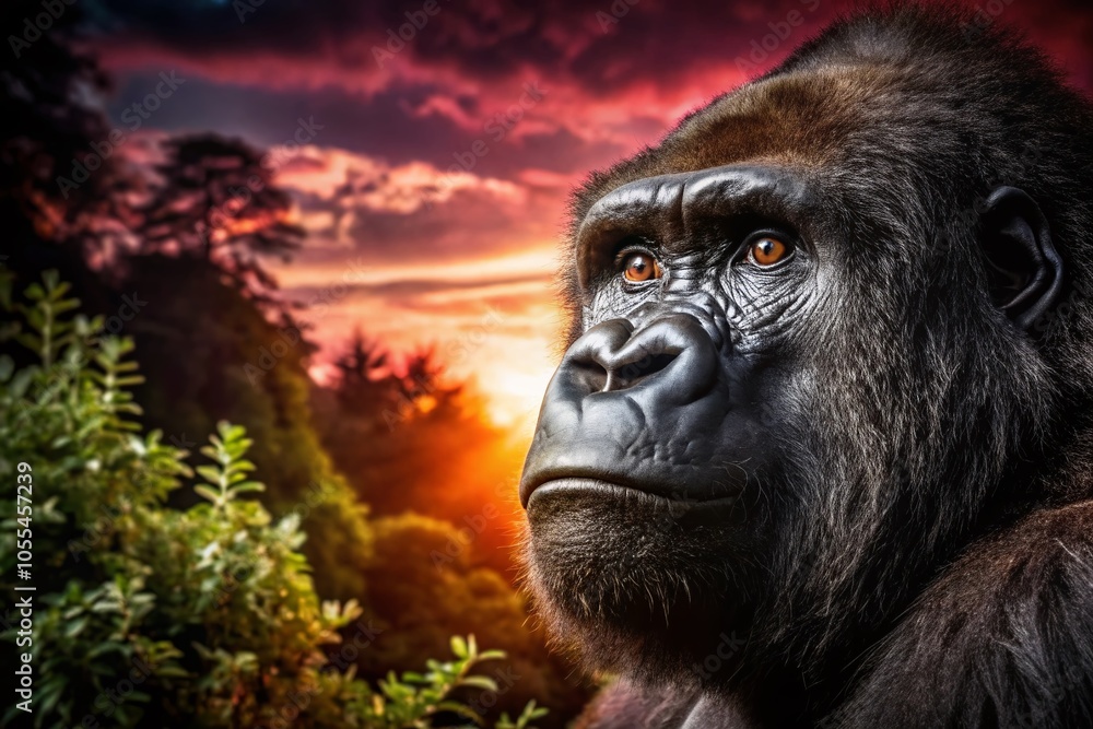 Fototapeta premium Gorilla Head Silhouette Framed in Nature's Embrace - Captivating Wildlife Photography