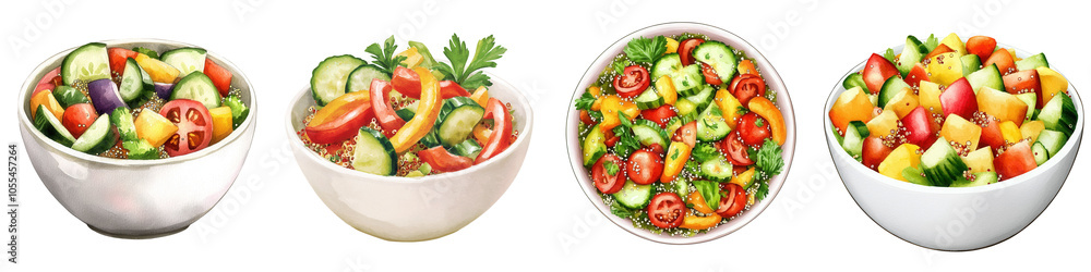A vibrant assortment of fresh salads in white and colorful bowls, featuring a mix of vegetables and garnishes. A vibrant assortment of fresh salads in white and colorful bowls, featuring a mix of vegetables and garnishes.