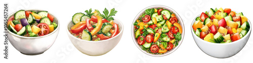 A vibrant assortment of fresh salads in white and colorful bowls, featuring a mix of vegetables and garnishes.