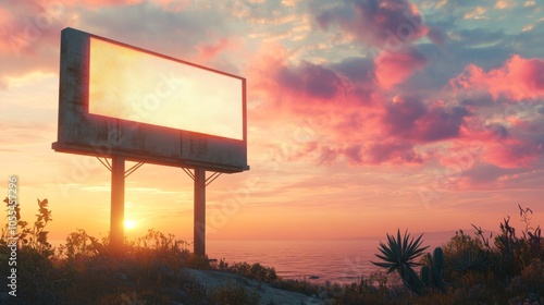 Empty ad billboard against a breathtaking sunset horizon, perfect for showcasing branding or announcements.