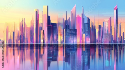 Abstract Modern Cityscape: A Panoramic 3D Illustration Journey