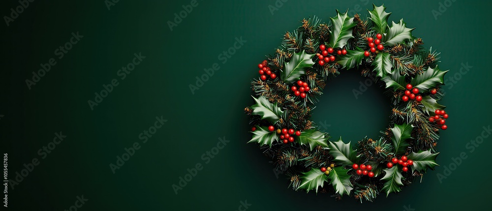Christmas 2025, festive wreath with holly, 3D illustration Christmas 2025, festive wreath with holly, 3D illustration