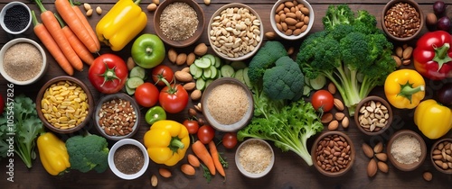 A healthy lunch spread featuring various colorful vegetables, nuts, and seeds on a wooden table, ready for meal preparation