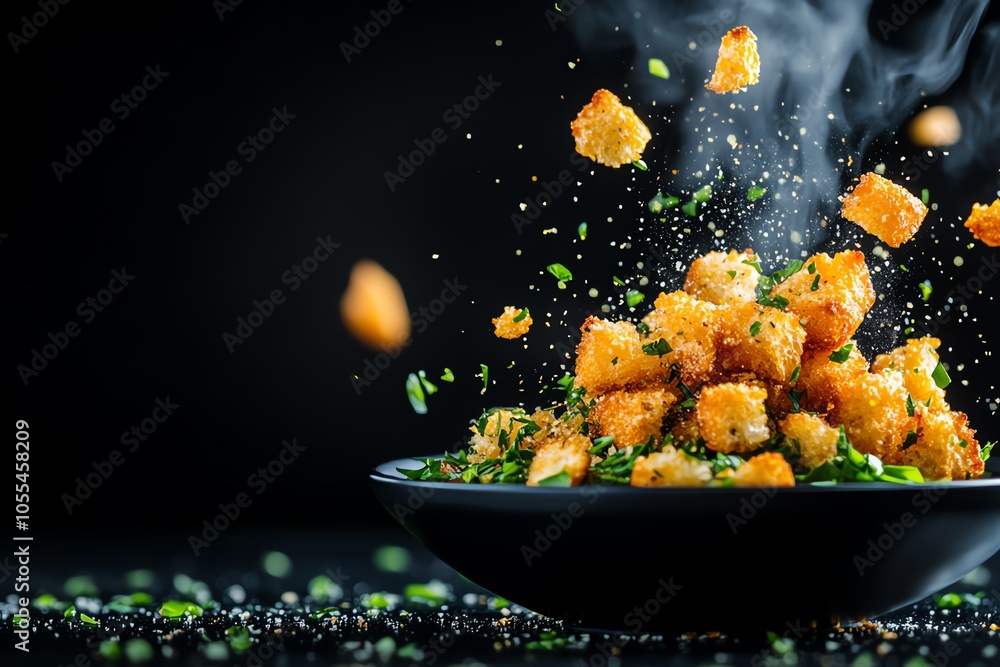 Sourdough croutons with herbs in a bowl, crunchy and golden, ready for salad, Sourdough croutons, gourmet salad addons Sourdough croutons with herbs in a bowl, crunchy and golden, ready for salad, Sourdough croutons, gourmet salad addons