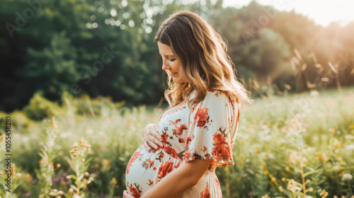 Fototapeta Naklejka Na Ścianę i Meble -  Pregnant woman in floral dress enjoying nature at sunset in summer meadow