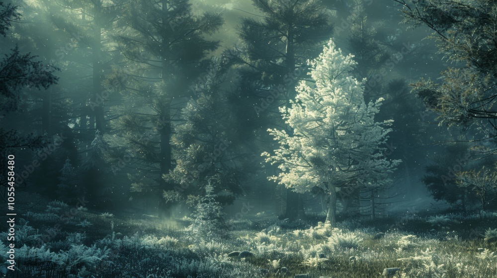 Enchanted Winter Forest Scene with Snowy Tree and Sunbeams Enchanted Winter Forest Scene with Snowy Tree and Sunbeams