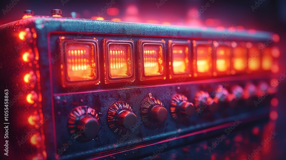 A close-up of a futuristic, metallic, red-lit machine with multiple dials and digital displays. A close-up of a futuristic, metallic, red-lit machine with multiple dials and digital displays.