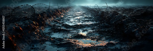 Abandoned trench scar the earth,revealing the grueling stalemate of a relentless war.