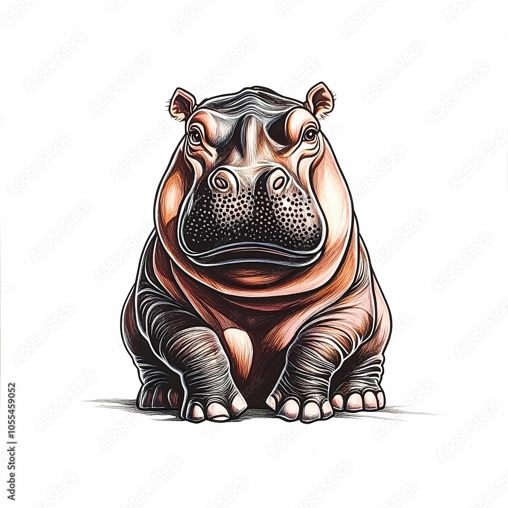 A hippo hand drawn with colored pencils, style watercolor, isolated, clipart