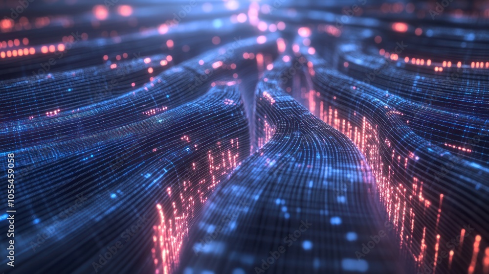 Fototapeta premium A high-tech illustration of a neural network powered by artificial intelligence. Streams of data and digital codes flow through the system