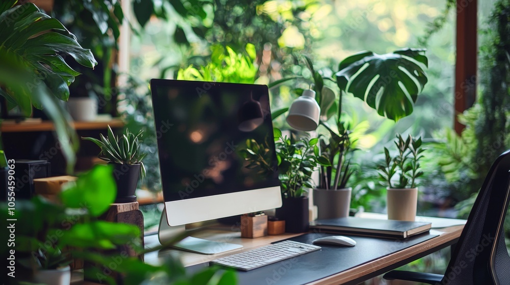Workspace surrounded by greenery with modern desktop Workspace surrounded by greenery with modern desktop