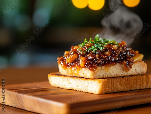 Sourdough toast topped with brie and fig jam, modern plating, Gourmet sourdough toast, elevated snack concept photo