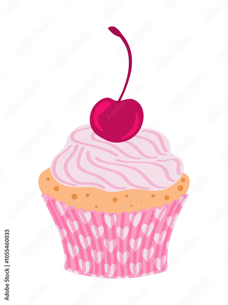 Cute hand drawn muffin with pink cream and cherry in a baking cup with a heart pattern Cute hand drawn muffin with pink cream and cherry in a baking cup with a heart pattern