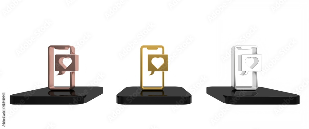 Colorful Smartphone with heart emoji speech bubble get message on screen icon isolated on white background. Valentines day. Minimalism concept. 3D render illustration Colorful Smartphone with heart emoji speech bubble get message on screen icon isolated on white background. Valentines day. Minimalism concept. 3D render illustration