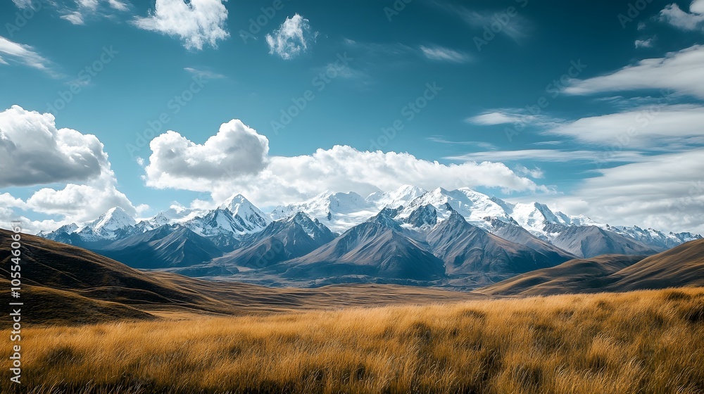 Fototapeta premium A panoramic view of a snow-capped mountain range stretching across the horizon