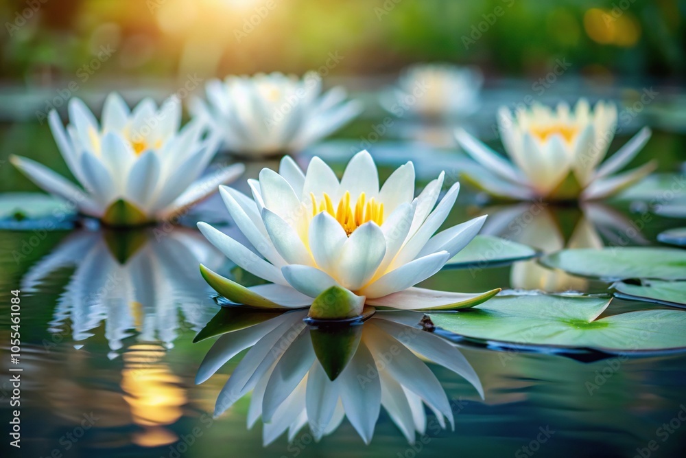 Delicate water lilies with intricate white patterns on their petals floating on a pond, watercolor, flower Delicate water lilies with intricate white patterns on their petals floating on a pond, watercolor, flower