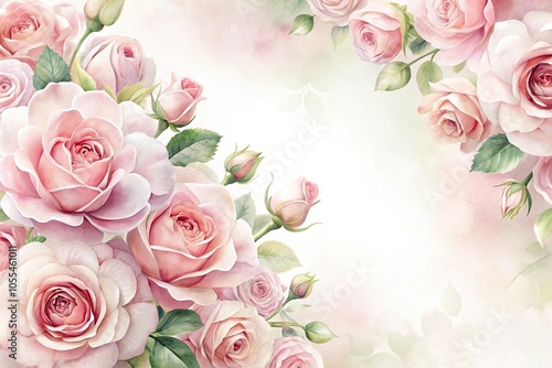 Delicate watercolor roses in soft pink hue on white background, botanical illustration, pink flowers, rose arrangement