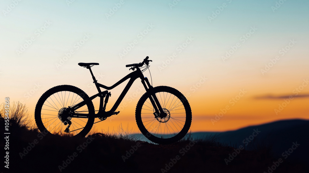 Silhouette of a mountain bike on a hill at sunset with an orange and blue sky in the background, emphasizing outdoor adventure and cycling. Silhouette of a mountain bike on a hill at sunset with an orange and blue sky in the background, emphasizing outdoor adventure and cycling.