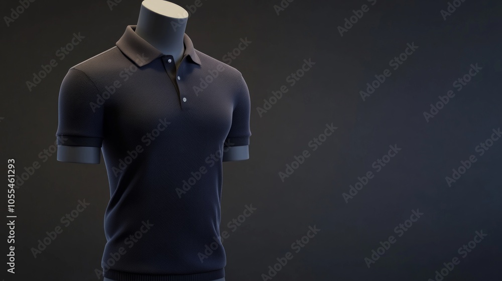 Mannequin dressed in a navy short-sleeve polo shirt with ribbed cuffs and collar, shown in a 3D render. Mannequin dressed in a navy short-sleeve polo shirt with ribbed cuffs and collar, shown in a 3D render.