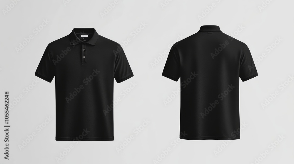 Minimalist black polo T-shirt mockup template with front and back views isolated on a clear background for branding designs. Minimalist black polo T-shirt mockup template with front and back views isolated on a clear background for branding designs.