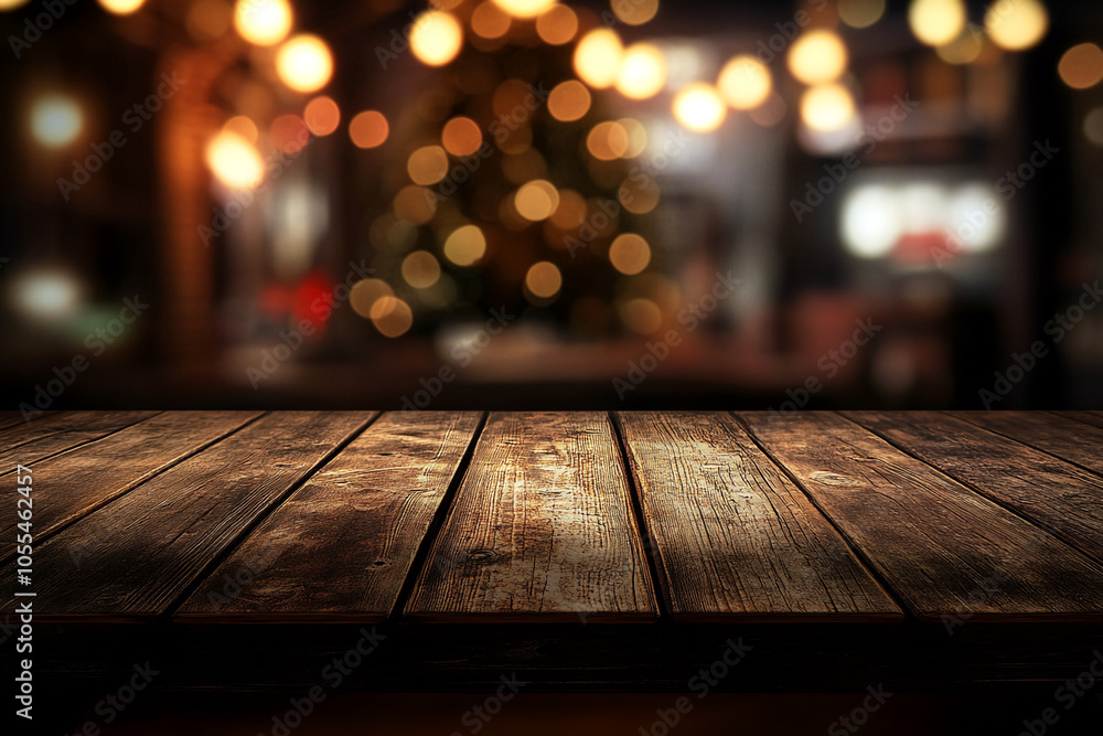 A wooden table sits in front of a blurred background of warm lights A wooden table sits in front of a blurred background of warm lights