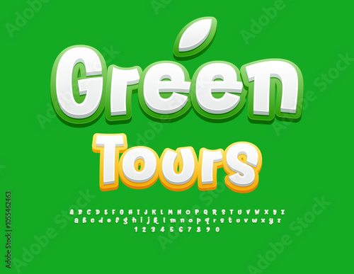 Vector travel concept Green Tours. Artistic White and Green Font. Bright Alphabet Letters and Numbers set.