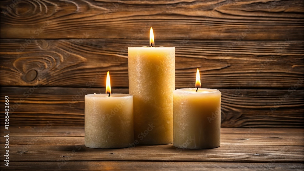 A trio of candles, casting a warm glow on a rustic wooden surface, their flames dancing in the air. A trio of candles, casting a warm glow on a rustic wooden surface, their flames dancing in the air.