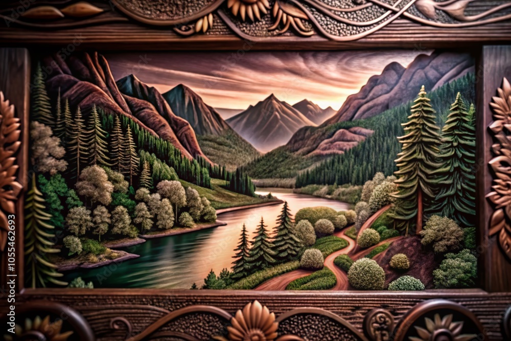 Obraz premium Hand Drawn Wood Cut Landscape Art: Majestic Mountains and Forests for Nature Lovers