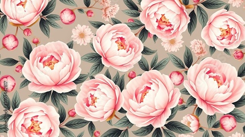 Fototapeta Naklejka Na Ścianę i Meble -  Elegant floral wallpaper design with pastel pink peonies and green leaves, beautiful, pattern, peonies