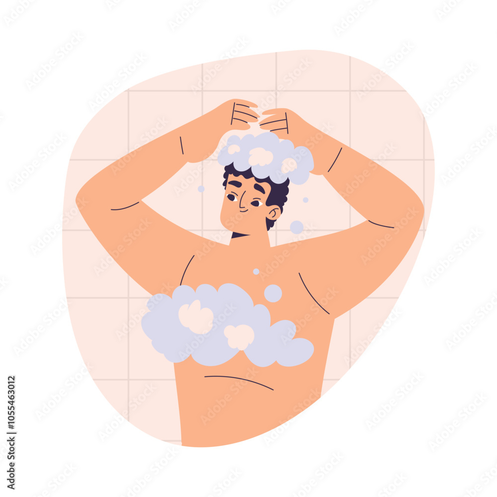 Personal Care with Man Character Take Shower with Foam Enjoy Grooming Procedure Vector Illustration Personal Care with Man Character Take Shower with Foam Enjoy Grooming Procedure Vector Illustration
