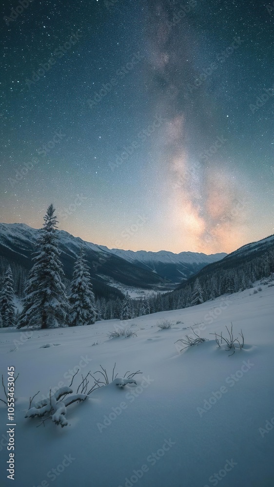 Enchanting winter night milky way scenery with snow-covered landscape, starry sky, and distant mountains, scenery, universe, starry sky Enchanting winter night milky way scenery with snow-covered landscape, starry sky, and distant mountains, scenery, universe, starry sky