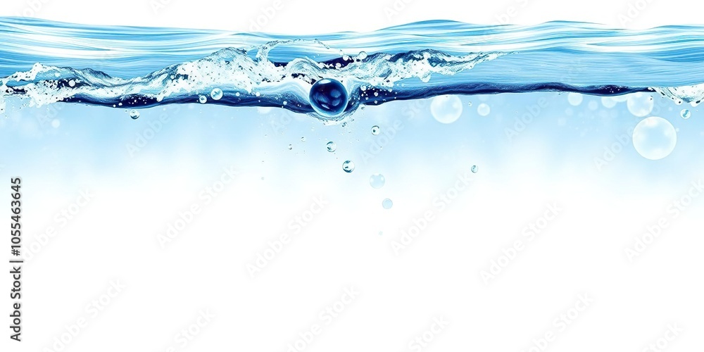 Fresh and invigorating blue water wave with bubbles creating a wide panorama on an isolated white background, white, blue Fresh and invigorating blue water wave with bubbles creating a wide panorama on an isolated white background, white, blue
