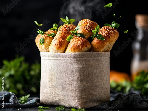 Warm sourdough rolls in a linenlined basket, tableready, Linen sourdough rolls, cozy family meal photo