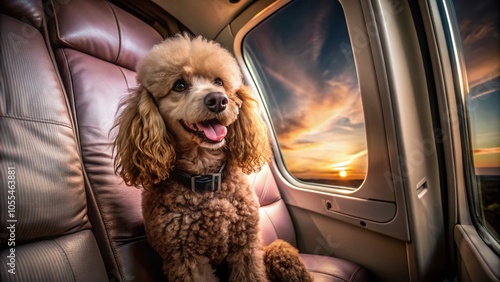 Happy Poodle on Airplane Window Seat - Cute Dog Travel Photography