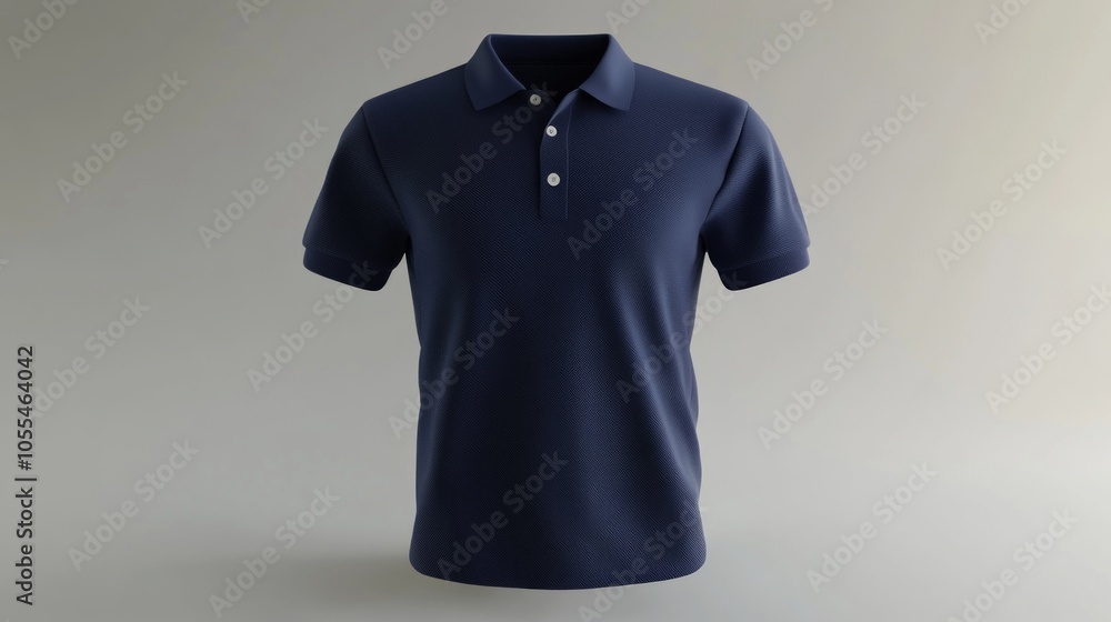Realistic 3D render of a navy short-sleeve polo shirt, featuring a ribbed collar and cuffs, displayed on a neutral background. Realistic 3D render of a navy short-sleeve polo shirt, featuring a ribbed collar and cuffs, displayed on a neutral background.