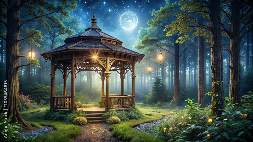 Obraz premium A Serene Moonlit Gazebo Nestled Amongst Tall Trees, Bathed in Soft Moonlight and Surrounded by Glimmering Lanterns, Creating an Enchanting Atmosphere