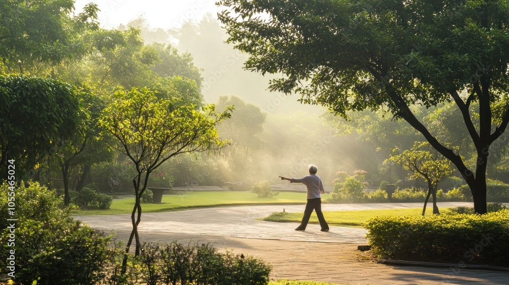 Fototapeta premium Man Practicing Tai Chi in a Park