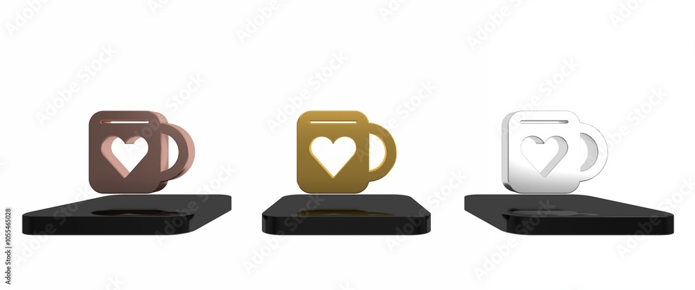 Colorful Coffee cup and heart icon isolated on white background. Couple coffee for lovers on Valentines Day. Minimalism concept. 3D render illustration Colorful Coffee cup and heart icon isolated on white background. Couple coffee for lovers on Valentines Day. Minimalism concept. 3D render illustration