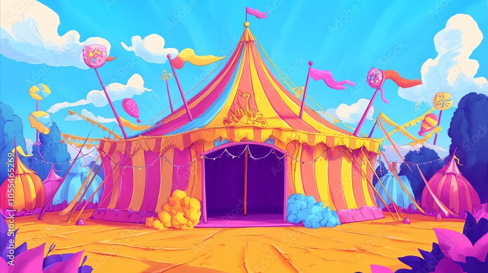 A cartoon image of a brightly colored circus tent. A cartoon image of a brightly colored circus tent.