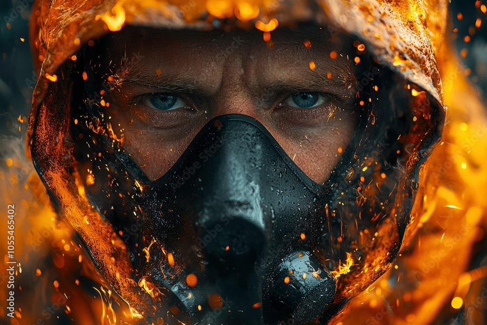 A Man Wearing a Gas Mask Surrounded by Flames A Man Wearing a Gas Mask Surrounded by Flames