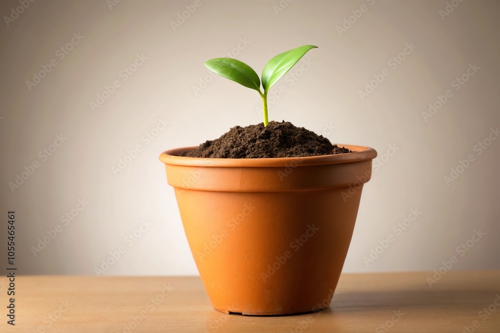 Illustration of a small potted plant with a terracotta pot and soil, garden design, greenery, home decor Illustration of a small potted plant with a terracotta pot and soil, garden design, greenery, home decor