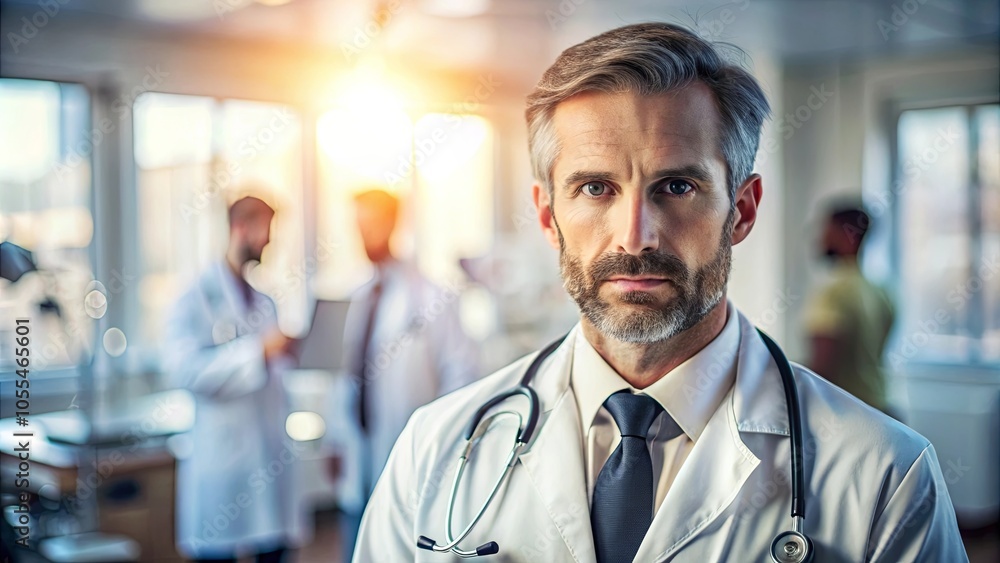 A doctor stands in a brightly lit clinic, his serious expression hinting at the weight of his profession and the lives he is entrusted to care for.