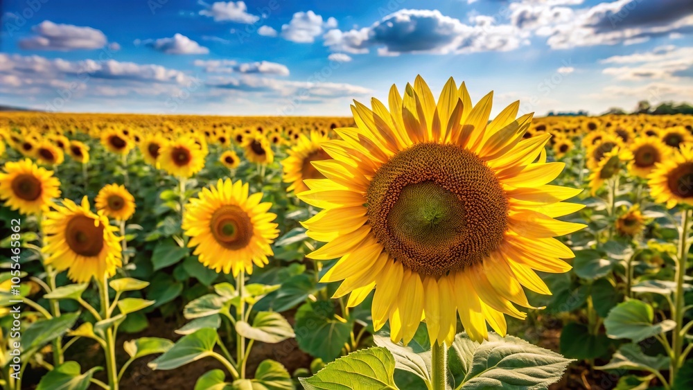 Large sunflower field with tall stalks and bright yellow blooms on a sunny day, landscape, rural, field, bloom Large sunflower field with tall stalks and bright yellow blooms on a sunny day, landscape, rural, field, bloom