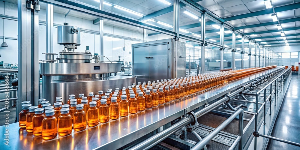 Fototapeta premium Conveyor Belt System Transporting Rows of Glass Bottles Filled with a Golden Liquid in a Modern Factory Setting