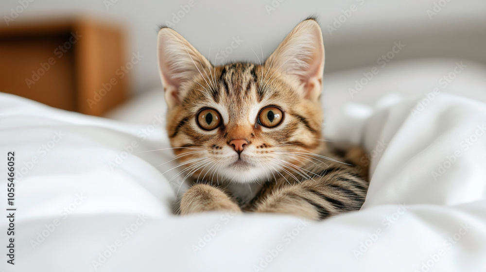 Close-up of a cute tabby kitten with large eyes lying on a soft white blanket, looking at the camera with its paws visible. Close-up of a cute tabby kitten with large eyes lying on a soft white blanket, looking at the camera with its paws visible.