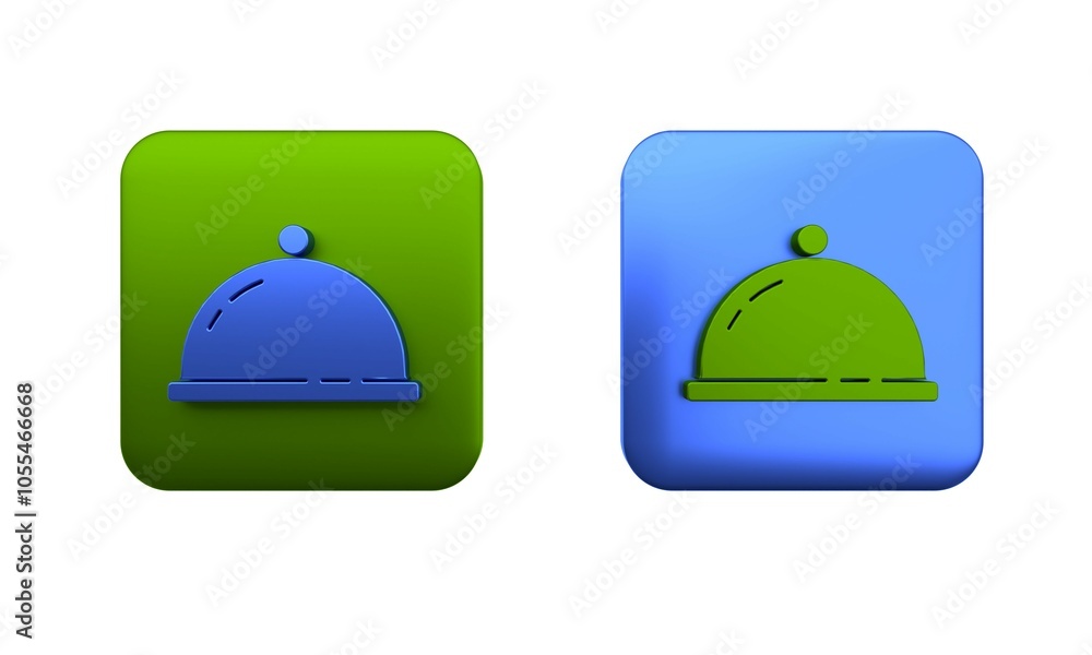 Colorful Covered with a tray of food icon isolated on white background. Tray and lid sign. Restaurant cloche with lid. Square button. 3D render illustration Colorful Covered with a tray of food icon isolated on white background. Tray and lid sign. Restaurant cloche with lid. Square button. 3D render illustration