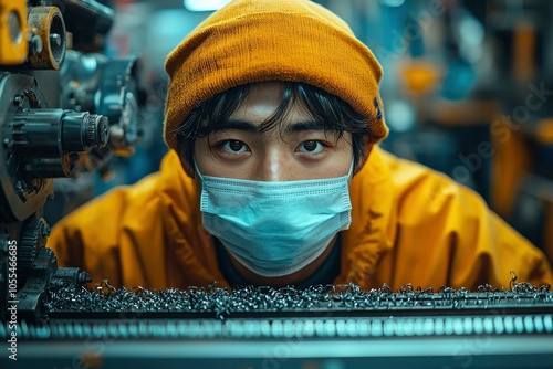 Close-up of a worker's face wearing a mask and a yellow beanie, focused on a factory machine photo