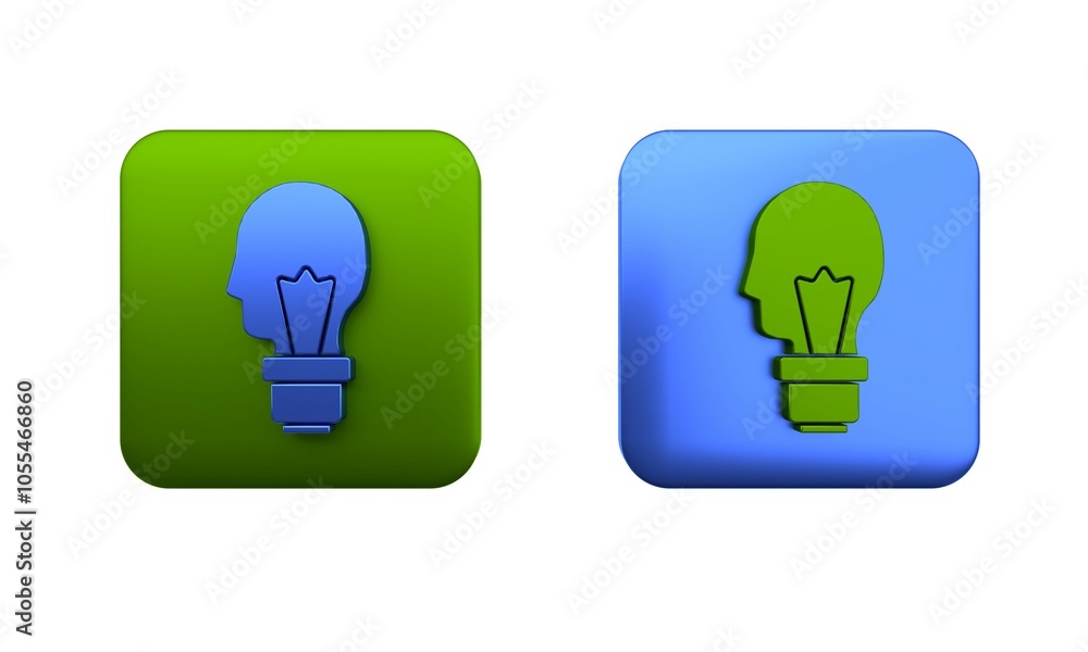 Colorful Light bulb with concept of idea icon isolated on white background. Energy and idea symbol. Inspiration concept. Square button. 3D render illustration