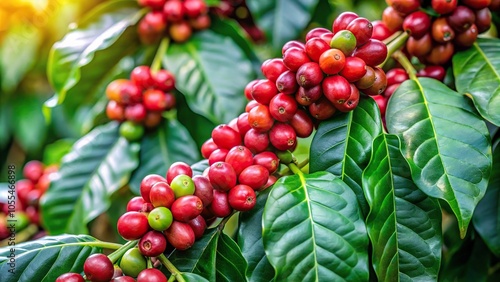 Mature coffee plant with bright green leaves and red berries, garden shot, verdant landscape, foliage