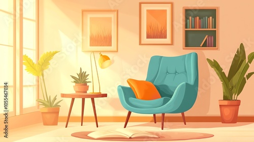 A cartoon illustration of a living room with a blue armchair, a bookshelf, and a plant.